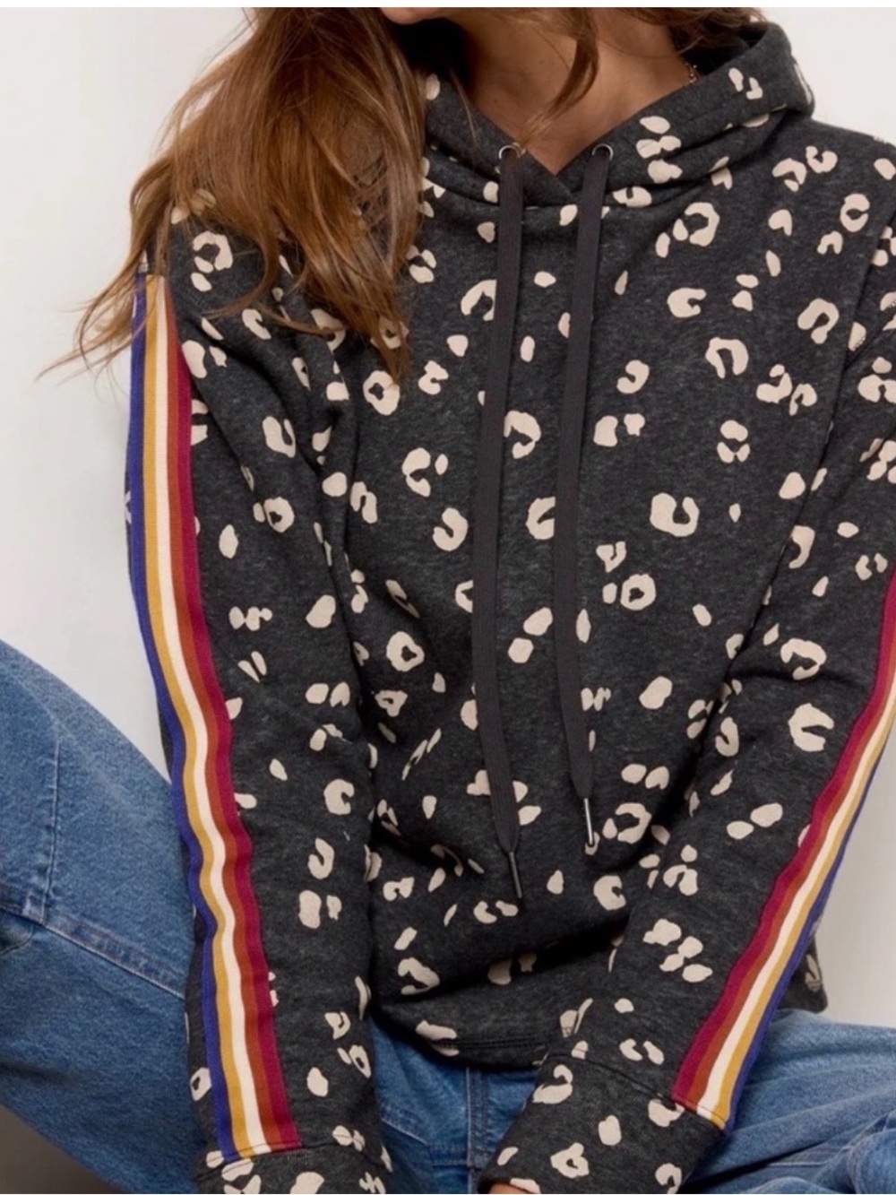 Women’s Charcoal Leopard Print Hoodie with Stripe Detail